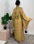 Huda Gold Flared Sleeve Shimmer Belted Dress