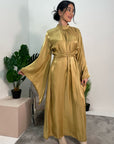 Huda Gold Flared Sleeve Shimmer Belted Dress