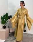 Huda Gold Flared Sleeve Shimmer Belted Dress