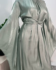 Huda Mint Flared Sleeve Shimmer Belted Dress