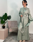 Huda Mint Flared Sleeve Shimmer Belted Dress