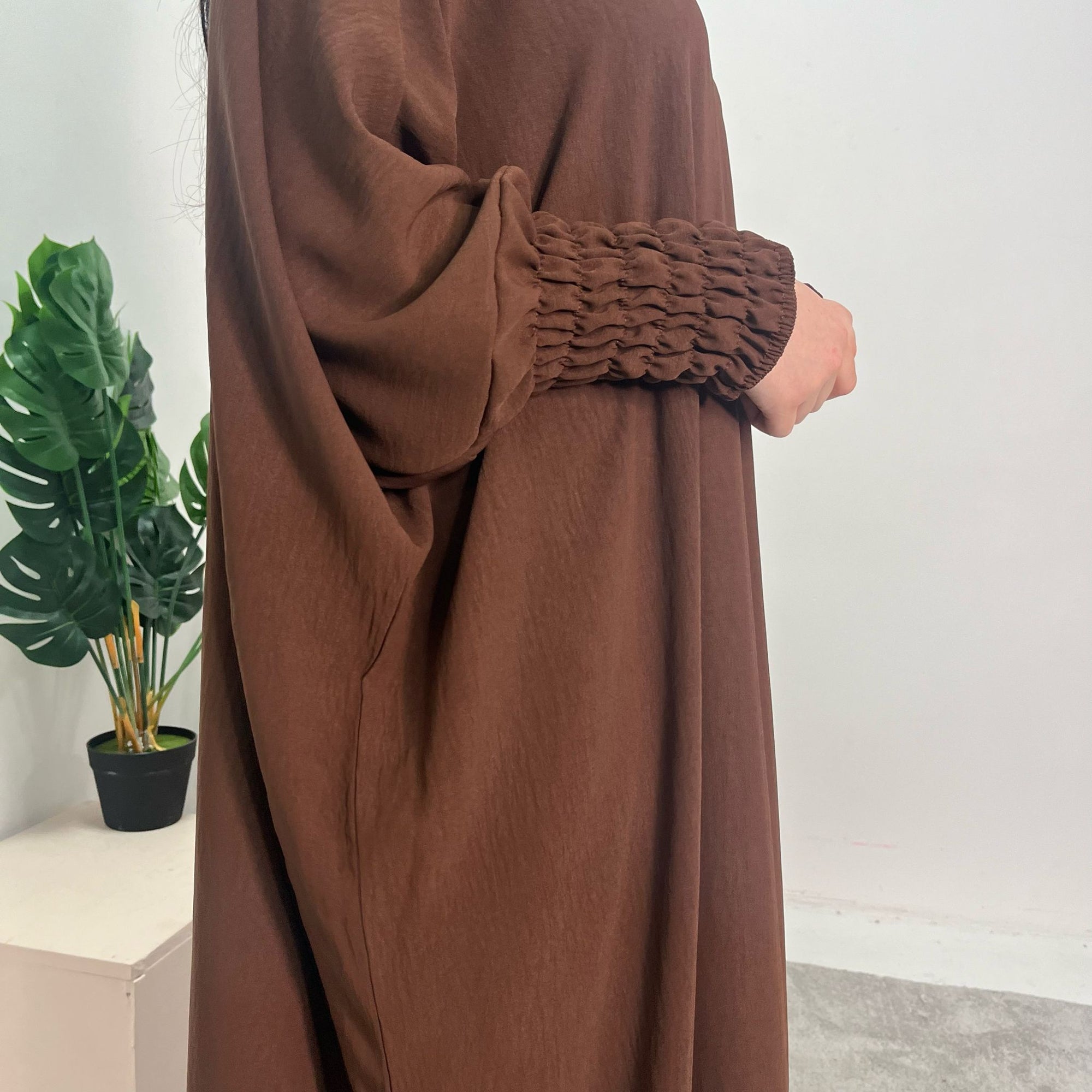 Sehrish Chocolate Plain Elasticated Cuff Oversized Dress