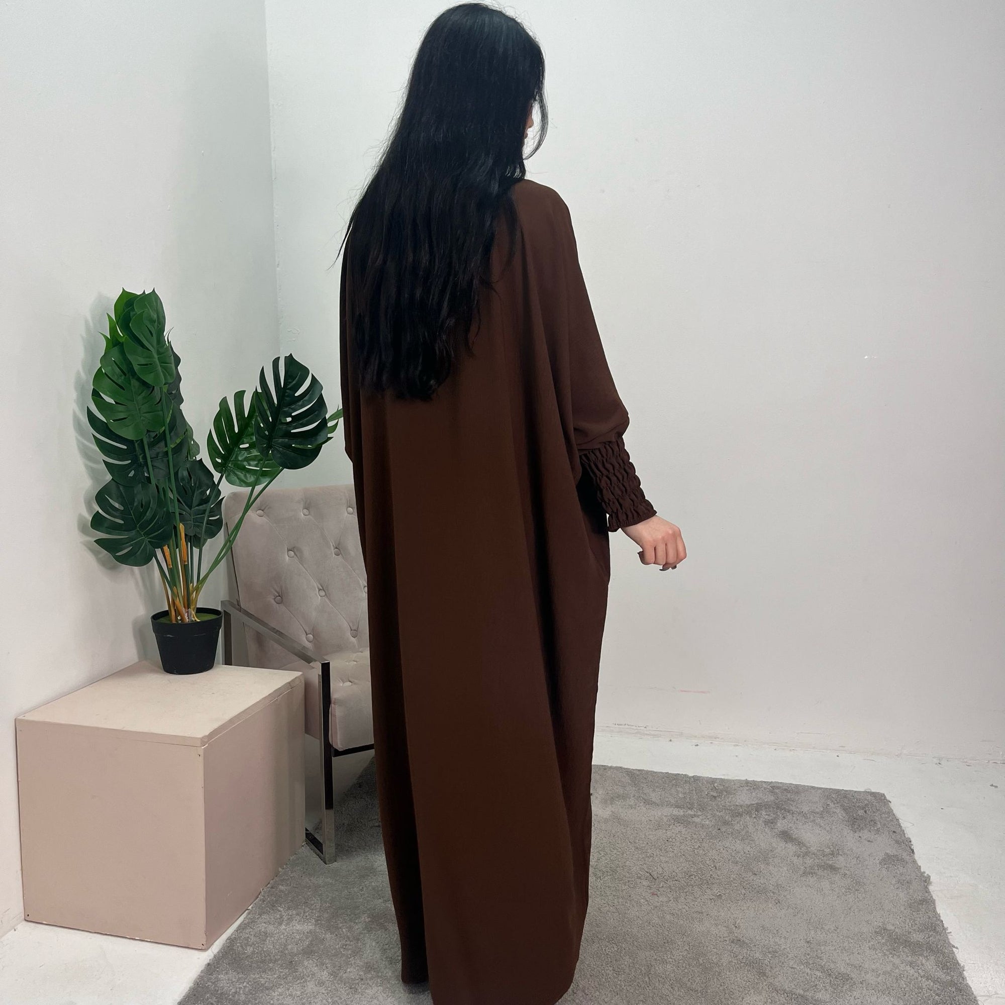 Sehrish Chocolate Plain Elasticated Cuff Oversized Dress