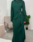 Yasmina Emerald Green Linen Buckle Tie Waist Dress