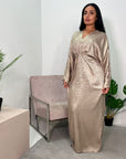 Zoya Gold V Neck Metallic Belted Drape Dress