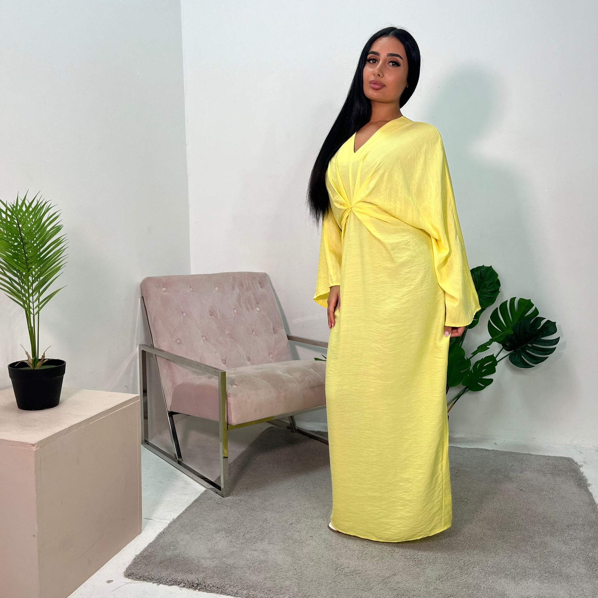 Disha Yellow Summer Linen V-Neck Tie Dress