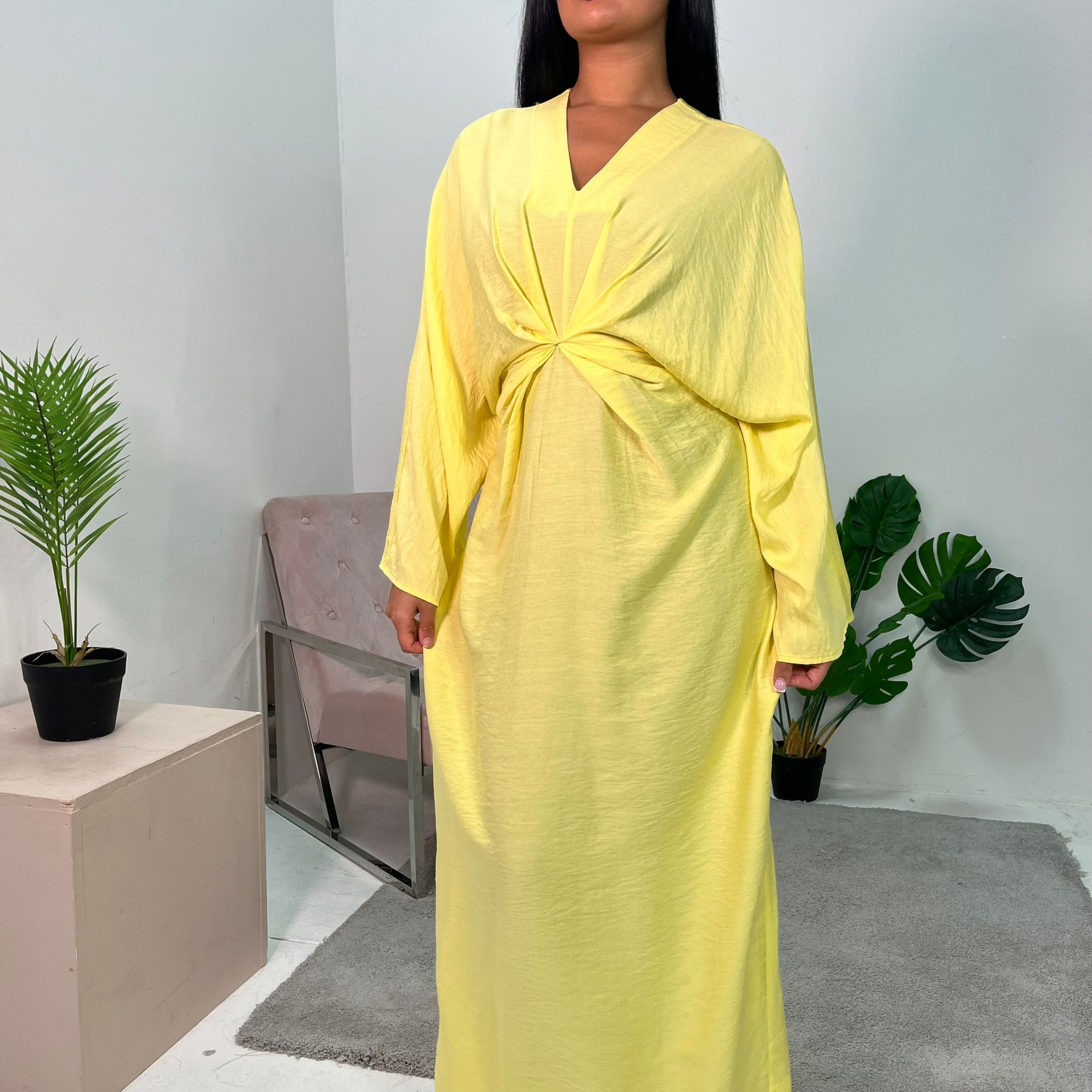 Disha Yellow Summer Linen V-Neck Tie Dress