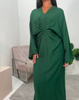 Disha Emerald Green Summer Linen V-Neck Tie Dress