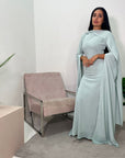 Zairia Mint Elegant Long Cape Sleeve Dress