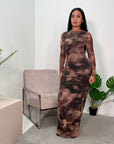 Jasmine Brown Printed Side Ruched Mesh Dress