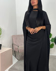 Zairia Black Elegant Long Cape Sleeve Dress