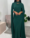 Zairia Emerald Green Elegant Long Cape Sleeve Dress