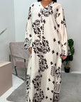 Salaya Brown Printed V Neck Abaya Dress