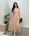 Aaliyah Beige Satin Pleated Belted Dress