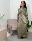 Zoya Khaki V Neck Metallic Belted Drape Dress