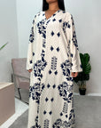 Salaya Navy Printed V Neck Abaya Dress