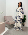 Salaya Navy Printed V Neck Abaya Dress